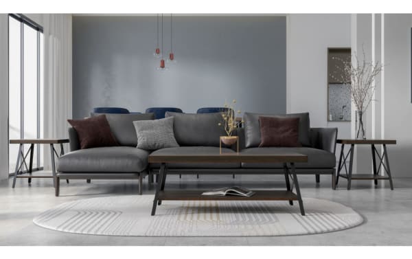Frankton Espresso Coffee Table in industrial style with metal legs and natural pine solids wood finish, featuring a lower shelf for storage.