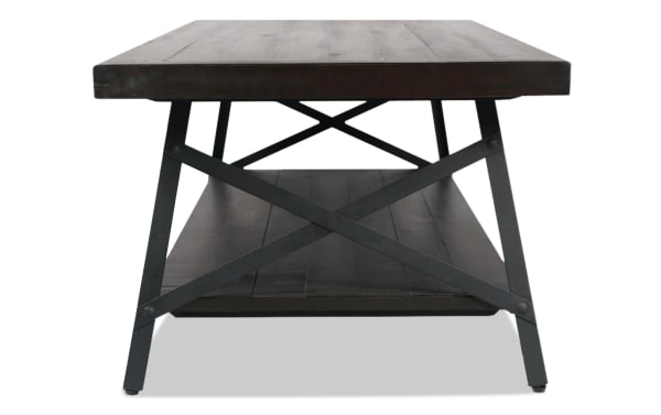 Frankton Espresso Coffee Table with industrial metal legs and dark pine solid wood top, featuring a lower shelf for storage and a natural wood finish.