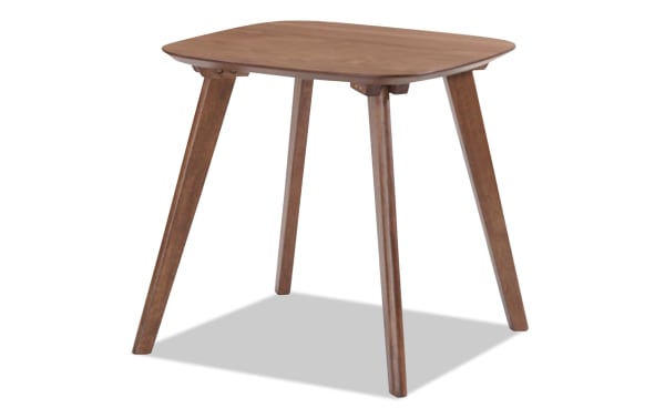 Maderna Brown End Table with walnut veneer, curved top, and angled legs in industrial Scandinavian style for small spaces.
