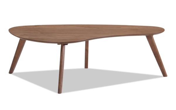 Maderna Brown Coffee Table from the Maderna collection features a mid-century modern industrial style with a curved walnut veneer top and angled legs.