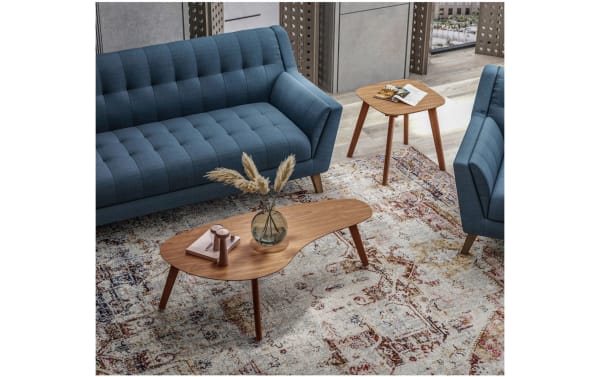 Maderna Brown Coffee Table from the Maderna collection features a mid-century modern curved walnut veneer top and angled legs in industrial style.