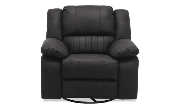 Novara Black Manual Recliner in black polyester fabric with padded armrests, engineered wood grain frame, metal swivel base, and transitional style.