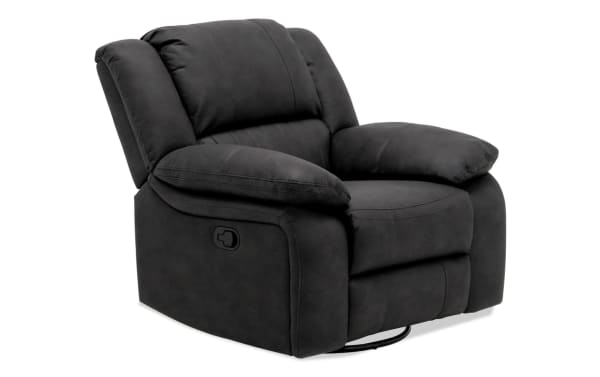 Novara Black Manual Recliner in black polyester fabric with padded armrests, engineered wood grain frame, metal base, and lever for reclining.