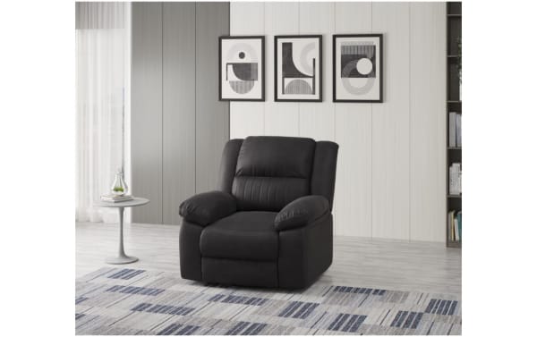 Novara Black Manual Recliner in black polyester fabric with padded armrests, engineered wood grain frame, and metal swivel base, transitional style.