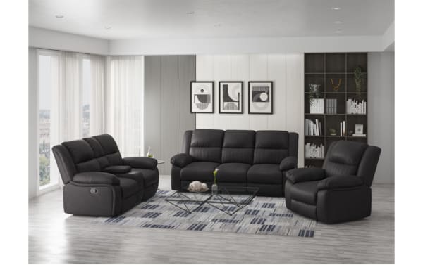 Novara Black Manual Recliner set in transitional style with black polyester fabric upholstery, engineered wood grain, metal frame, and foam padding.