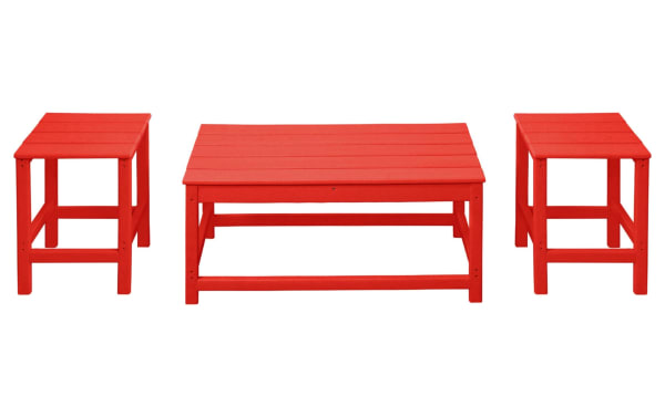 Paloma 3 Piece Red Outdoor Adirondack Table Set with one rectangular coffee table and two matching side tables, made of weather-resistant high density plastic in contemporary style.