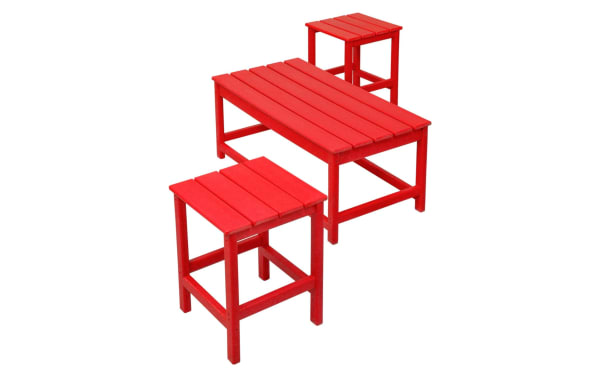 Paloma 3 Piece Red Outdoor Adirondack Table Set in contemporary style, made of weather-resistant high-density plastic with slatted tops and sturdy legs.