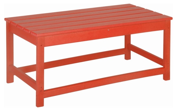 Contemporary Paloma 3 Piece Red Outdoor Adirondack Table Set made of weather-resistant high density plastic with slatted top and sturdy frame.