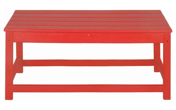 Contemporary Paloma 3 Piece Red Outdoor Adirondack Table Set made of weather-resistant high-density plastic with slatted top and sturdy frame.