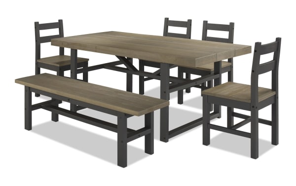 Rustic Flint 6 Piece Black & Oak Dining Set with pine solids, featuring a rectangular wood table, four matching chairs, and a bench.