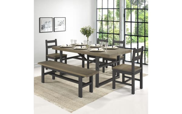 Rustic Flint 6 Piece Dining Set with bench, black pine solid frame and oak wood tabletop, featuring sturdy rectangular table and matching chairs.