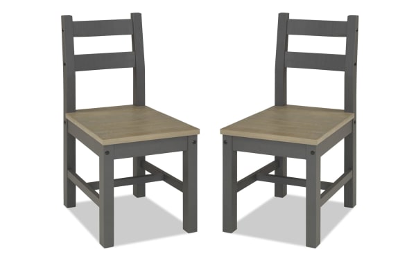 Set of 2 Flint Black & Oak Ladder Back Dining Chairs with rustic pine solid wood frame, black finish, and oak wood seats, sturdy craftsmanship.