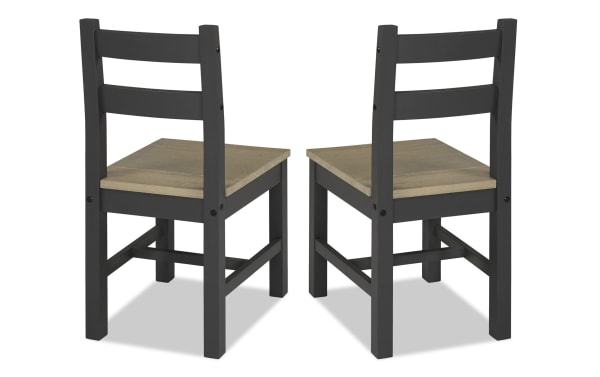Set of 2 Flint Black & Oak Ladder Back Dining Chairs with rustic pine solids, black frame, oak seat, and sturdy ladder back design.