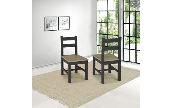 Set of 2 Flint Black & Oak Ladder Back Dining Chairs with rustic pine solid wood, black frame, oak seat, and sturdy ladder back design.