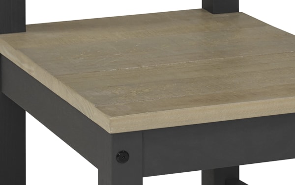 Rustic Flint Black & Oak Ladder Back Dining Chair seat close-up, pine solids wood with smooth finish and sturdy black frame