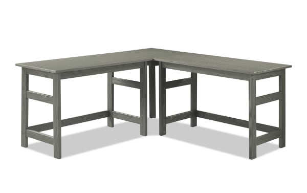 Henry Gray Solid Wood L-Shaped Desk from Henry collection, transitional style, made of gray pine solids, offers a spacious corner workspace for multitasking.