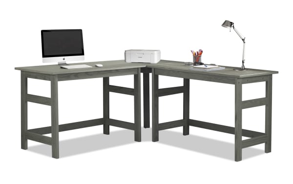 Henry Gray Solid Wood L-Shaped Desk from Henry collection, transitional style with gray pine solids, spacious corner workspace for multitasking and office essentials.