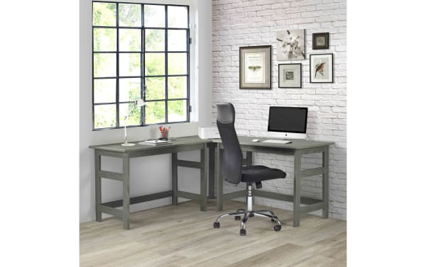 Henry Gray Solid Wood L-Shaped Desk from the Henry collection, featuring pine solids in a transitional style with ample workspace for multitasking.