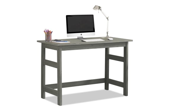 Henry Gray Solid Wood Desk in transitional style, made from gray pine solids with a spacious rectangular top, sturdy side supports, and clean lines.