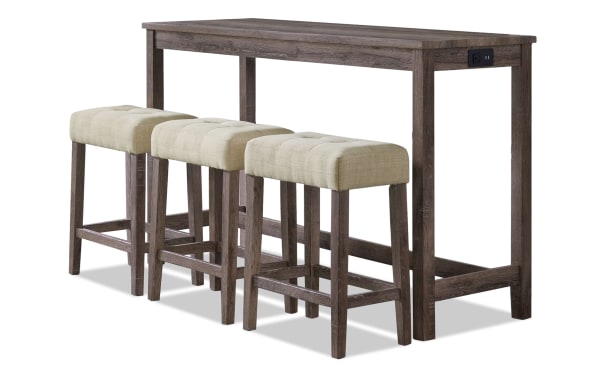 Patton 4 Piece Gray Transitional Sofa Table Set with beige fabric upholstered stools, MDF and wood frame, built-in USB ports, and power strip.