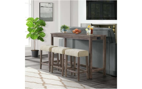 Patton 4 Piece Gray Upholstered Power Sofa Table Set with beige fabric stools, transitional style, MDF and wood frame, built-in USB ports, and power strip for living room or homework station.