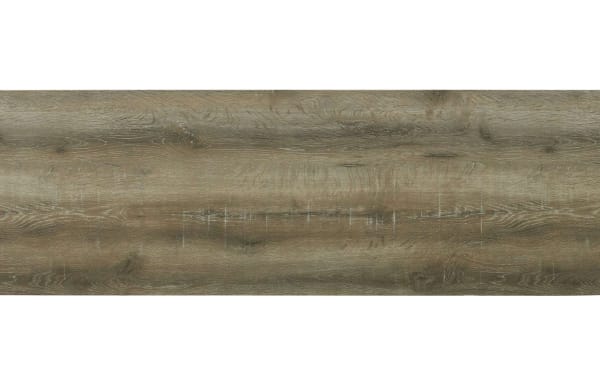 Brown wood grain laminate flooring plank with subtle gray undertones and natural textured finish, suitable for transitional interior design.