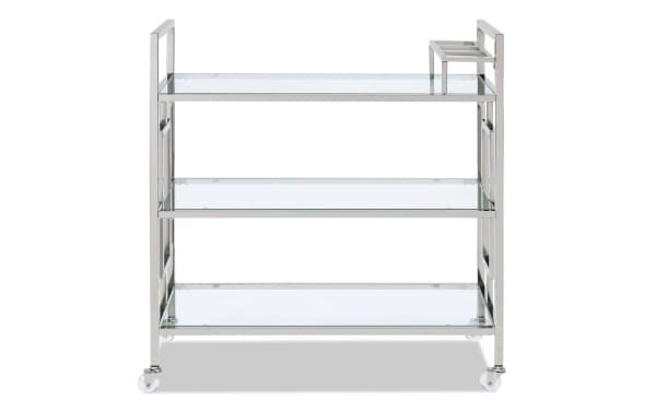 Contemporary Oakley Silver Bar Cart with three tempered glass shelves, chrome frame, and clear caster wheels for easy mobility and stylish serving.