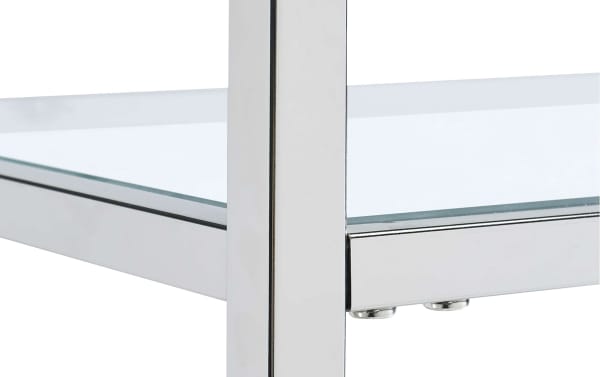 Contemporary Oakley Silver Bar Cart corner detail showing chrome frame and clear tempered glass shelves, sleek modern design for serving.