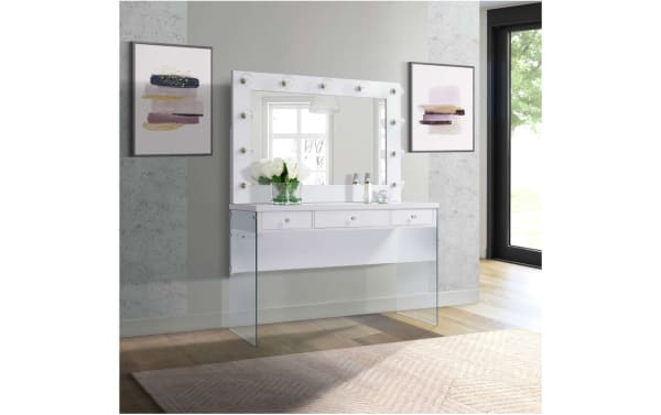 Jackie White 3 Drawer Vanity Set in glam style with white MDF drawers, tempered glass legs, and 11 lighted mirror bulbs for bright makeup application.