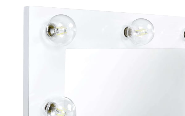 White glam vanity mirror with large tempered glass surface and six round clear bulbs, part of Jackie White 3 Drawer Vanity Set.