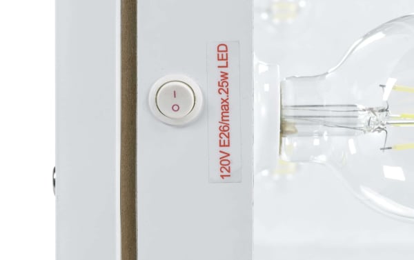 White vanity light switch with red text label "120V E26/max.25w LED" on a Jackie White 3 Drawer Vanity Set, featuring tempered glass and glam style.