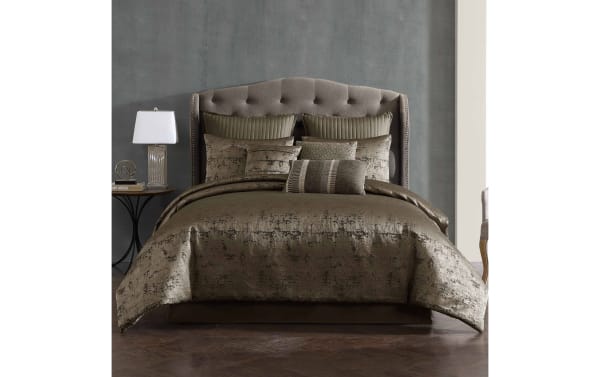 Cambria Queen Gold Vintage Reversible 9 Piece Comforter Set in shimmering gold polyester fabric with oversized comforter, multiple shams, and decorative pillows for contemporary glam bedroom style.