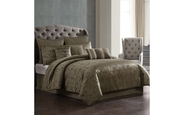 Cambria Queen Gold Vintage Reversible 9 Piece Comforter Set in shimmery gold polyester fabric, featuring oversized comforter, multiple decorative shams, and pillows in a contemporary style.