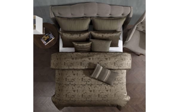 Cambria King Gold Vintage Reversible 10 Piece Comforter Set in gold polyester fabric with oversized comforter, multiple shams, and decorative pillows in contemporary style.
