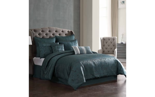 Cambria Queen Blue Vintage Reversible 9 Piece Comforter Set in textured blue polyester fabric with oversized comforter, multiple shams, and decorative pillows in contemporary style.