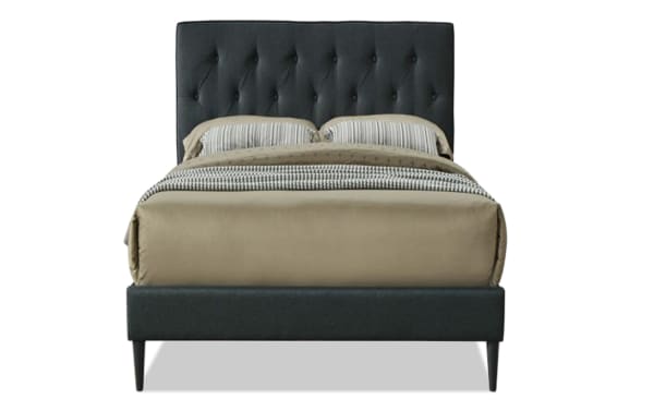Aimee Twin Charcoal Upholstered Platform Bed with button tufting, charcoal gray polyester fabric, wood frame, and USB ports, transitional style.