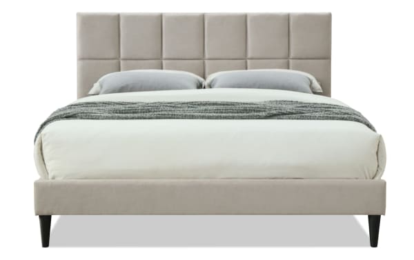 River King Taupe Upholstered Platform Bed with tufted polyester fabric headboard, transitional style, tan wood frame, and USB ports in headboard.