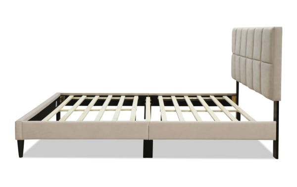 River King Taupe Upholstered Platform Bed with tufted fabric polyester headboard, wooden slats, and USB ports, in a tan transitional style.