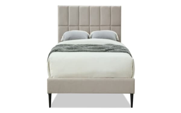 River Twin Taupe Upholstered Platform Bed with tufted polyester fabric headboard, wood frame, transitional style, and built-in USB ports.