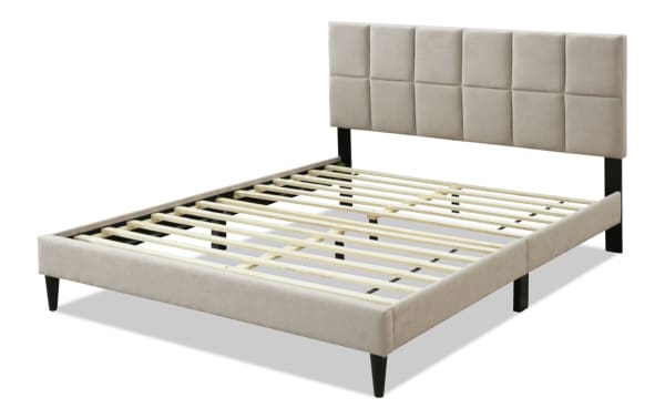 River Queen Taupe Upholstered Platform Bed with tufted fabric polyester headboard, wooden slats, USB ports, and transitional tan design.