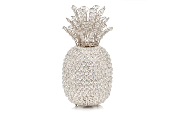 15'' Silver Glam Pineapple Sculpture made of crystal with a light-catching silver finish, featuring a textured, faceted design for elegant decor.
