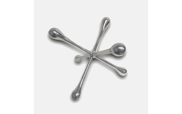 12'' Ozi Silver Decorative Jack in transitional style, crafted from polished silver metal with smooth rounded ends, ideal for modern home décor.