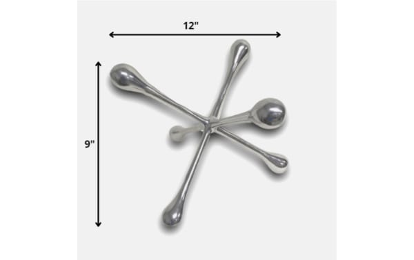 12" Ozi Silver Decorative Jack in transitional style, crafted from polished metal with smooth, rounded ends for modern home décor accents.