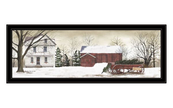 Tree Farm Wall Art in cottage style, wood and paper materials, depicting a snowy white house, red barn, and wagon with "Christmas Trees 4 Sale" sign. Winter-themed rustic decor for seasonal home accents.