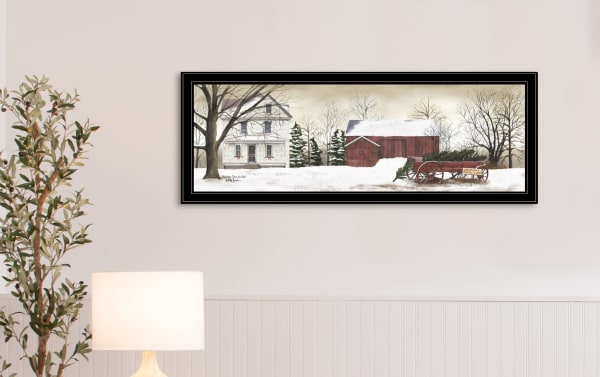 Tree Farm Wall Art in cottage style featuring a snowy winter scene with a white farmhouse, red barn, and wagon, printed on wood and paper.