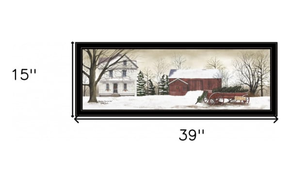 Tree Farm Wall Art, 39"x15" cottage-style wood and paper decor featuring a snowy farmhouse, red barn, and Christmas tree wagon in winter scene