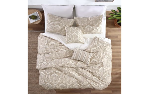 Millie Queen Latte Medallion 5 Piece Comforter Set in tan, featuring cotton-polyester fabric, medallion pattern, and embroidered accent pillows in transitional style.