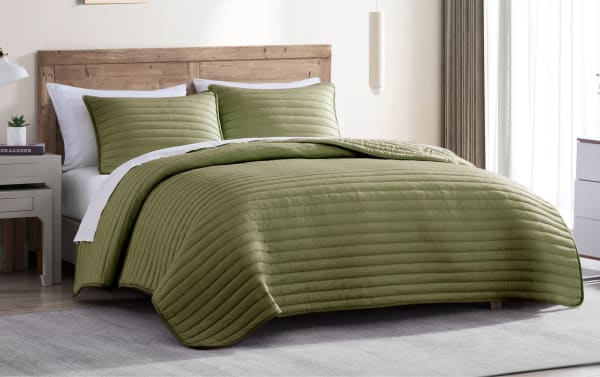 Griffin Twin Green Solid 2 Piece Comforter Set with quilted polyester fabric in a soft green transitional style, includes comforter and matching sham.