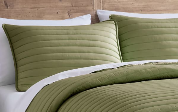 Griffin Twin Green Solid 2 Piece Comforter Set with quilted polyester fabric, transitional style, includes comforter and sham in soft olive green.