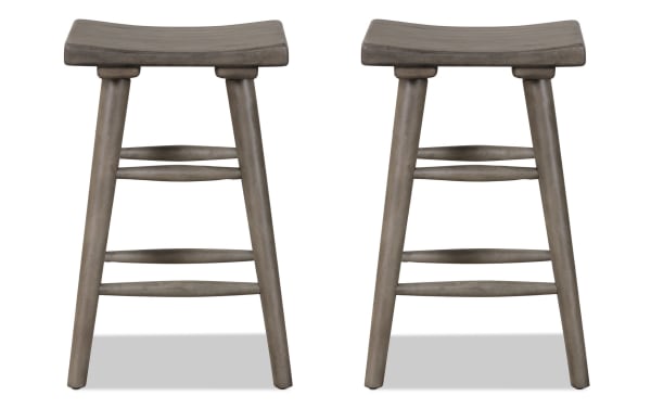 Set of 2 Davison Weathered Gray backless counter height stools with contoured seats, transitional style, and durable rubberwood solid construction.